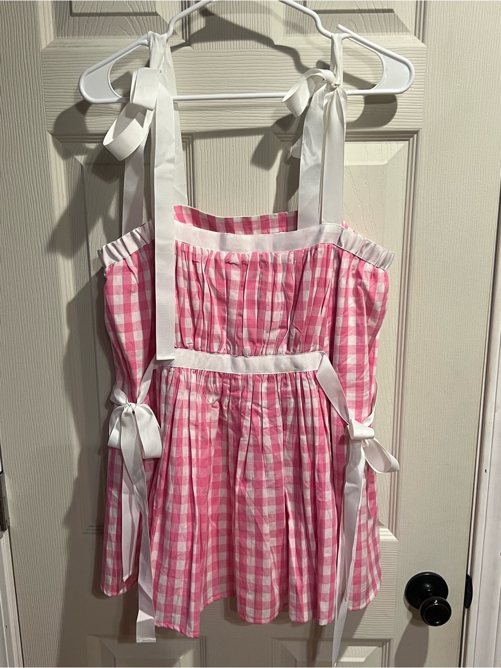 Pink Gingham Tie-Strap Top with White Ribbon